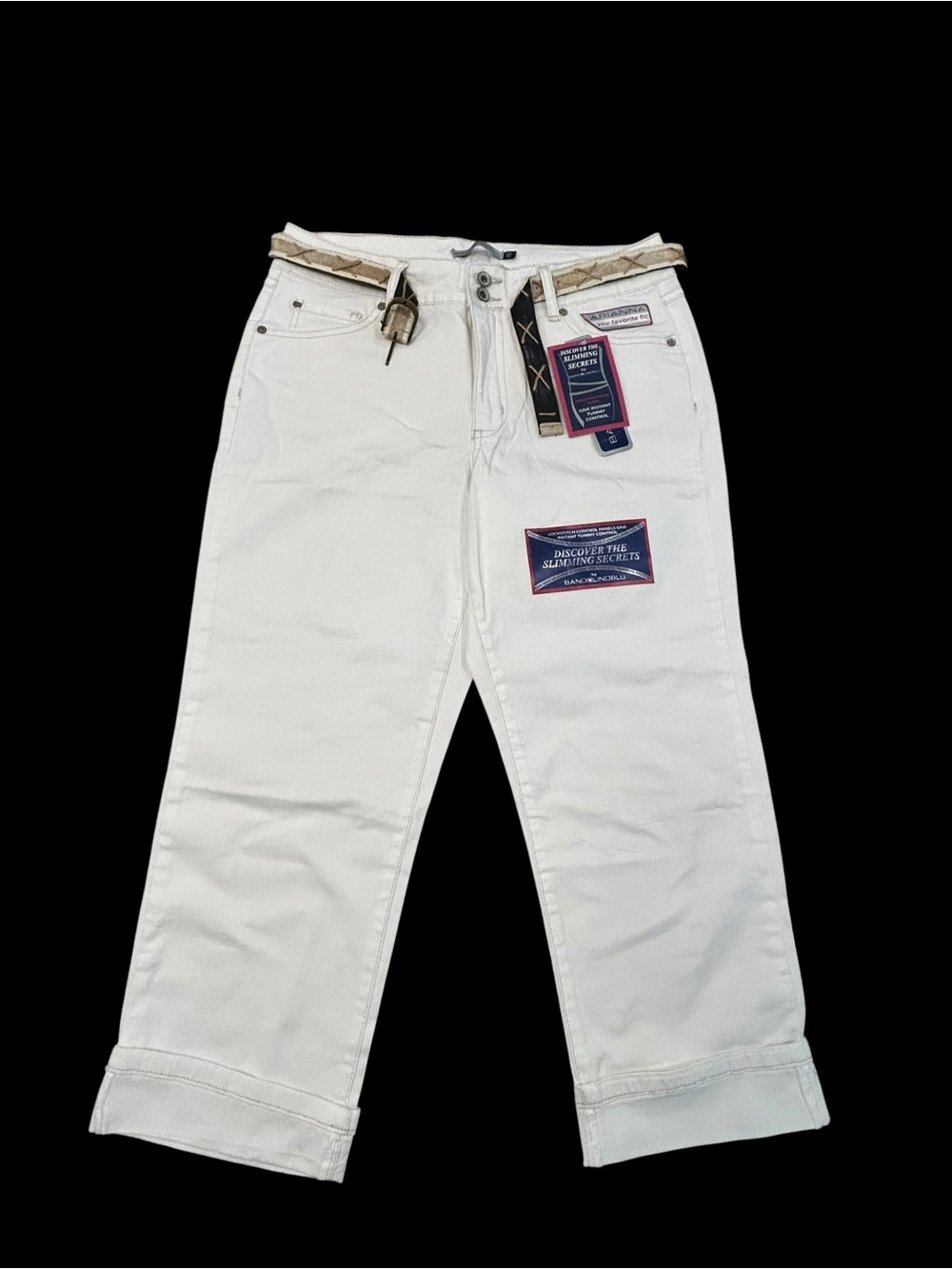 NEW Bandolinoblu Cropped Belted White Denim Jeans Slimming Women’s 10 32/23